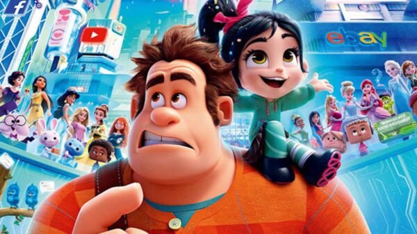 Puzzle visuel coloré mettant en vedette les personnages Ralph et Vanellope de "Wreck-It Ralph" devant un paysage urbain animé rempli d'icônes Internet comme YouTube et eBay.