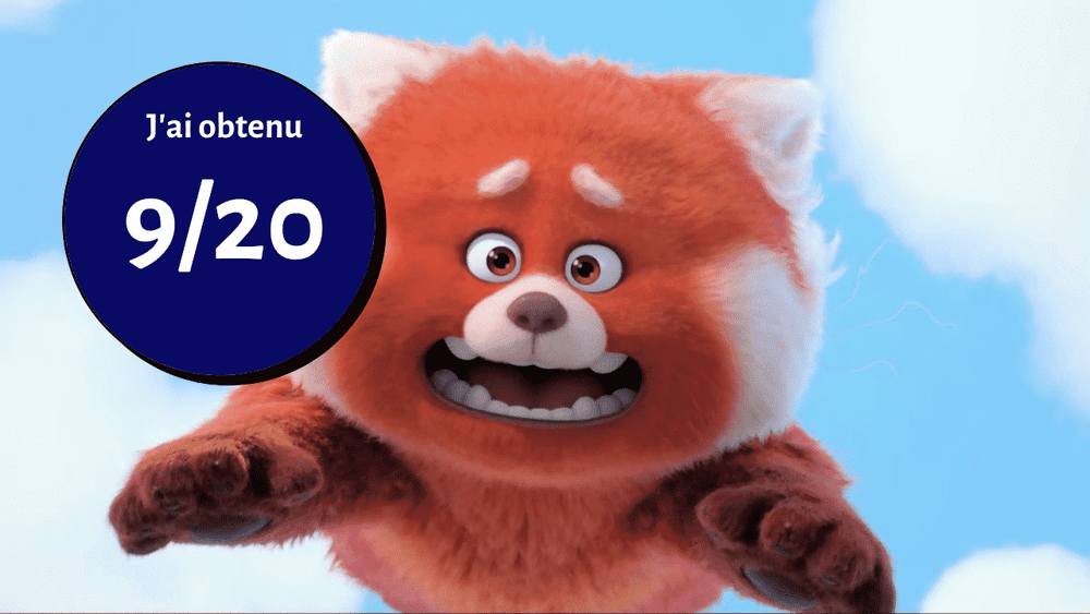 Un personnage de panda roux choqué à l'expression inquiète, mis en avant d'un cercle montrant "j'ai obtenu 9/20" en texte blanc sur fond bleu, rappelant le film "Alerte".