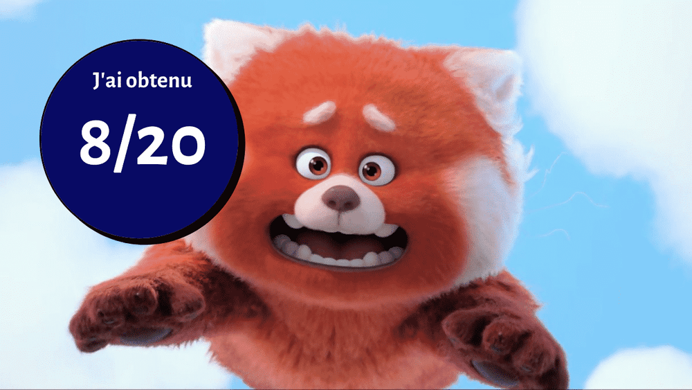 Un panda roux animé semble surpris à côté d'un cercle bleu affichant le score « 8/20 » en texte blanc sur fond d'Alerte Rouge.