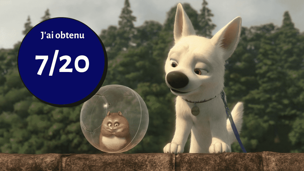 Image animée représentant un chien blanc et un écureuil à l'intérieur d'une bulle transparente, tous deux sur un mur de pierre avec des arbres en arrière-plan. Un rond bleu affiche ensuite "j'ai obtenu 7/20"