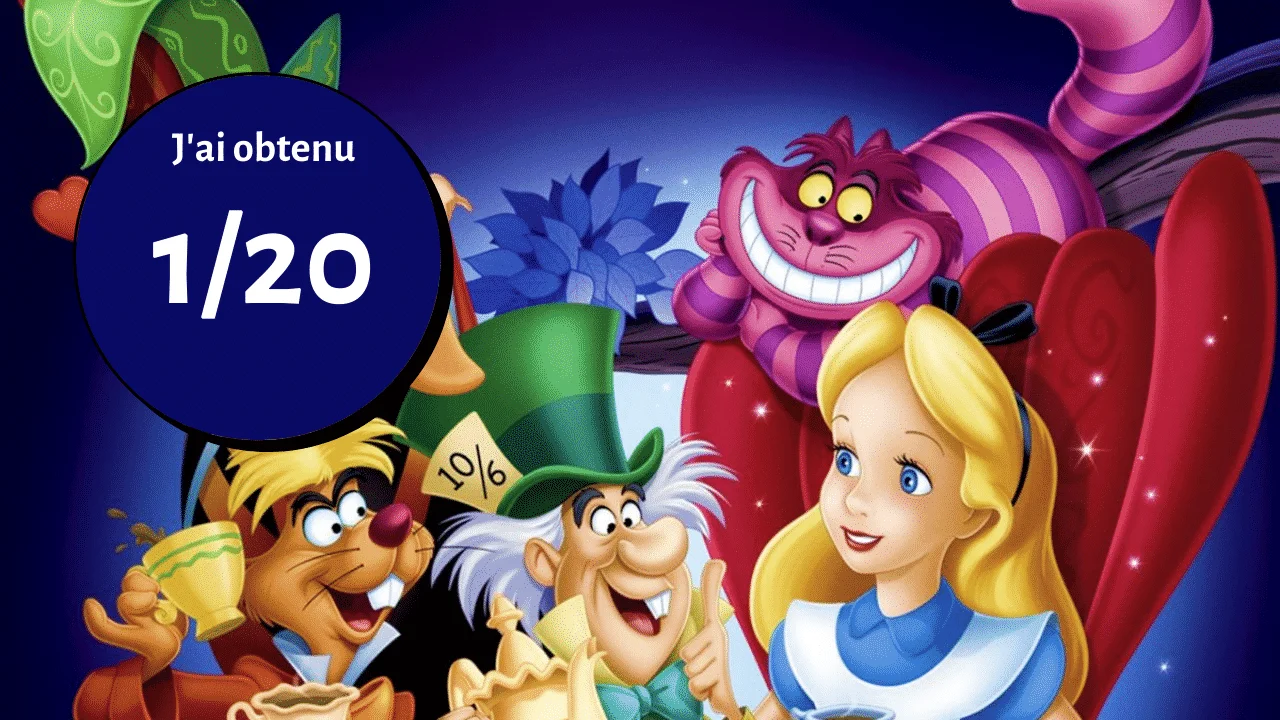 Illustration colorée des personnages d'Alice au Pays des Merveilles dont Alice, le Chapelier Fou et le Chat de Cheshire, avec une bulle disant "j'ai obtenu 1/20