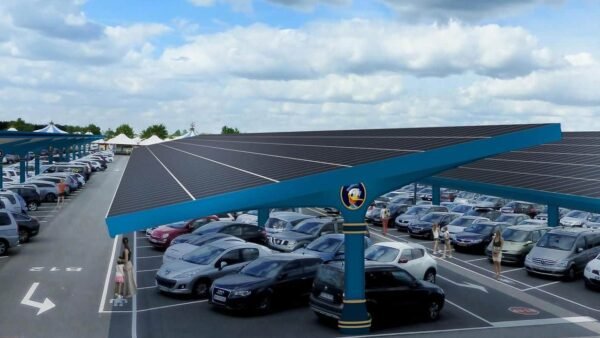 Un parking à Disneyland couvert par un grand auvent de panneaux solaires, ombrageant de nombreuses voitures garées et présentant un ciel ensoleillé avec des nuages épars au-dessus.