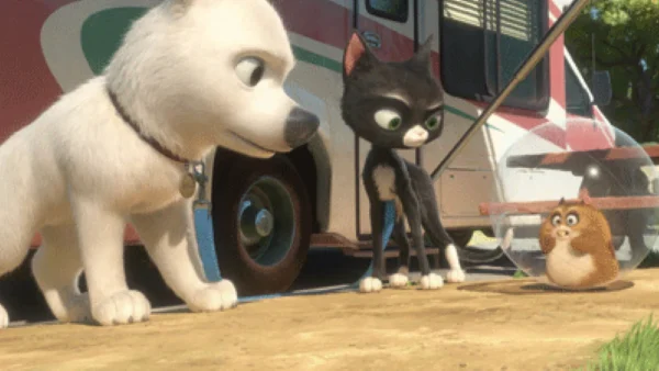 Image animée montrant un chien blanc, un chat noir et un cochon d'Inde marron debout devant un véhicule électrique, dans un décor extérieur ensoleillé.