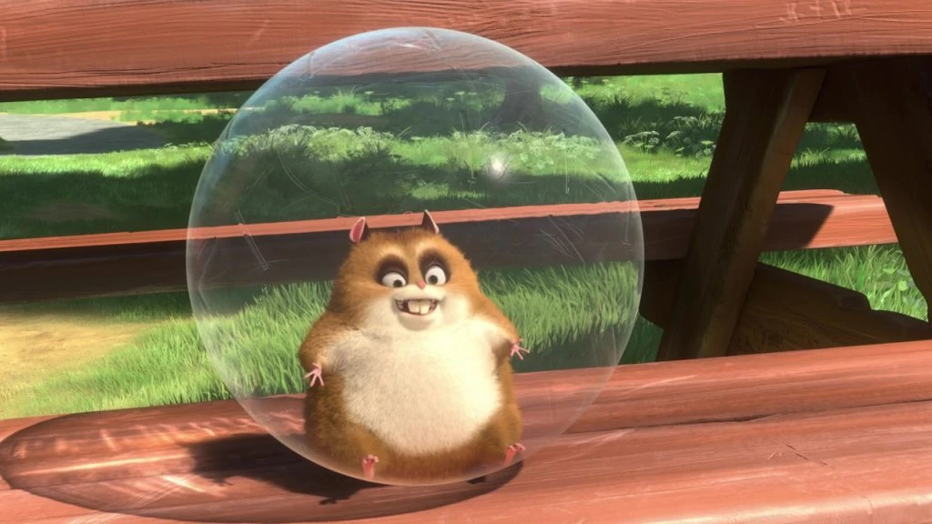 Un hamster animé et potelé sourit alors qu'il est piégé à l'intérieur d'une bulle transparente, avec une clôture en bois et une prairie verte en arrière-plan, alors que des étincelles d'électricité s'arctent doucement autour de la bulle.