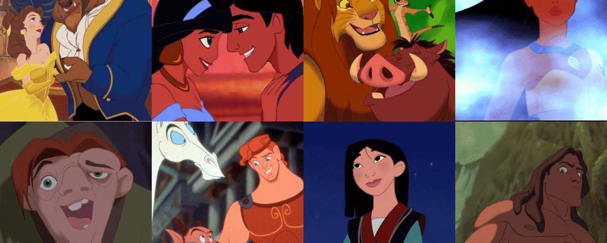 Un collage de diverses scènes de films d'animation Disney des années 90, mettant en vedette des personnages emblématiques comme Belle et la Bête, Aladdin et Jasmine, Simba, Pocahontas, Quasim.