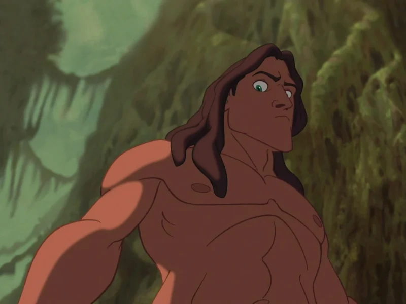 Tarzan, un personnage animé aux longs cheveux bruns coiffés de manière rétro, regarde attentivement devant lui sur un fond de jungle verte et luxuriante. Son expression est pleine d’inquiétude et de vigilance.