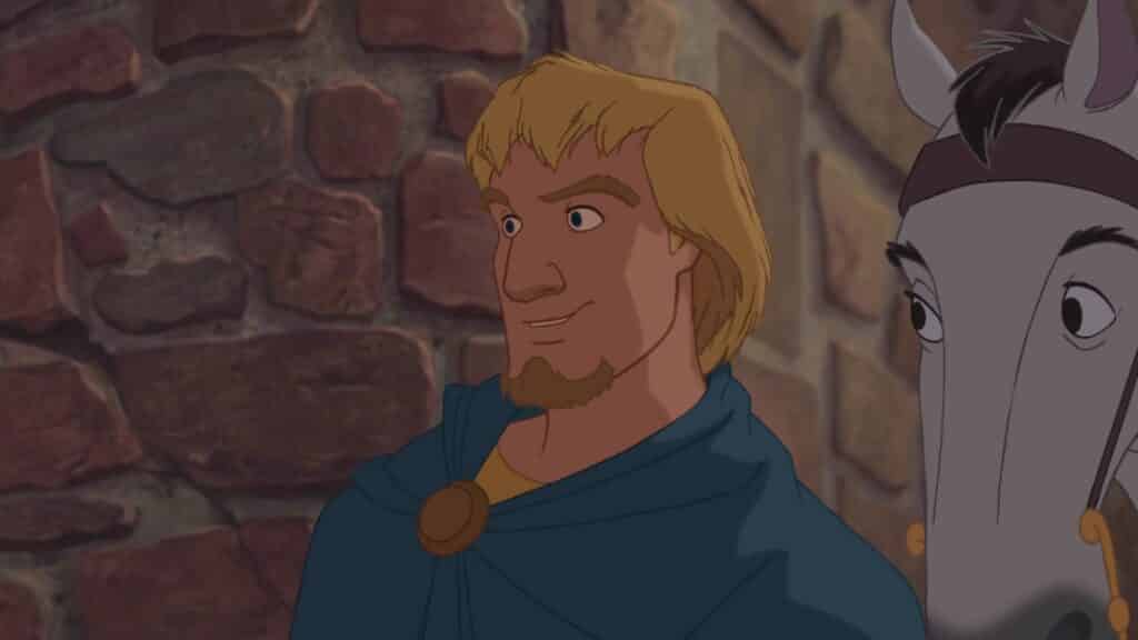 Image de dessin animé d'un homme blond vêtu d'un manteau bleu et d'un cheval gris à côté de lui, tous deux sur un fond de mur en pierre des Années 90. L'homme semble content et le cheval semble légèrement surpris