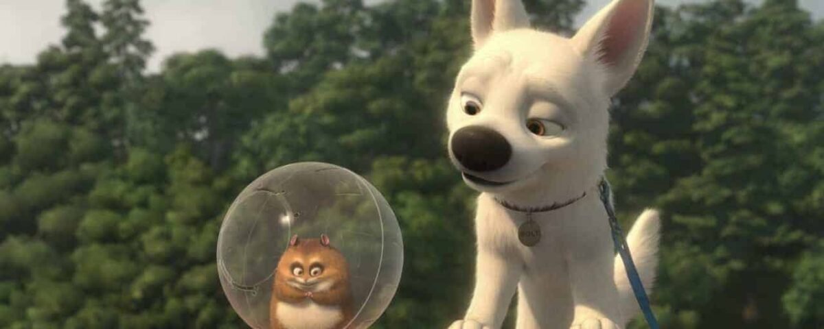 Un chiot blanc animé se tient sur un mur de pierre, regardant un écureuil enfermé dans une bulle de volt transparente, au milieu d'un fond de forêt verte.