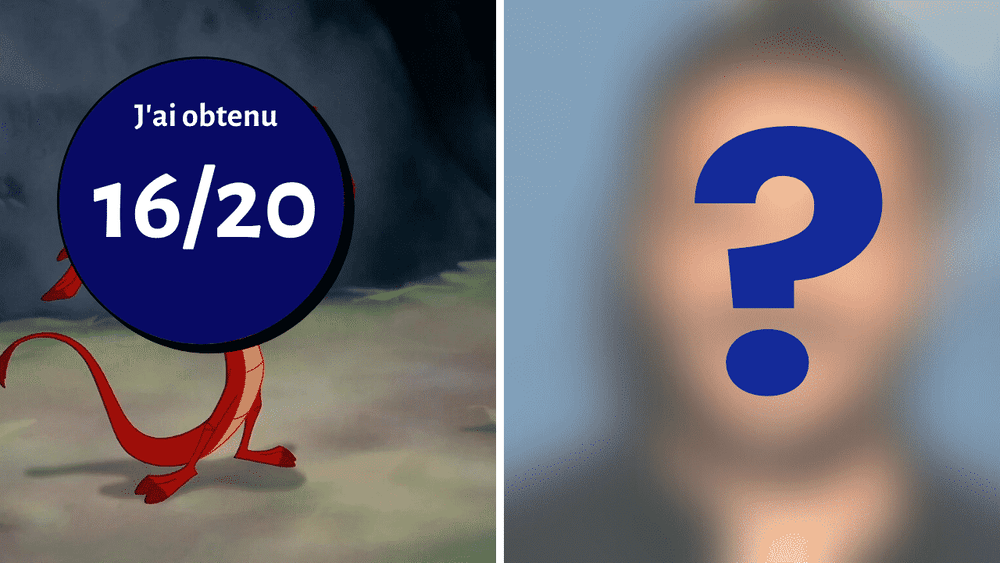 Description originale : Image divisée montrant un personnage de dessin animé avec une bulle disant "j'ai obtenu 16/20" à gauche, et une image floue avec un point d'interrogation à droite.
