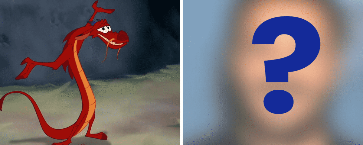 Une image divisée représentant un dragon de dessin animé avec une expression comique à gauche, probablement en attente de doublage, et une image floue avec un point d'interrogation à droite, indiquant une incertitude ou un anonymat.