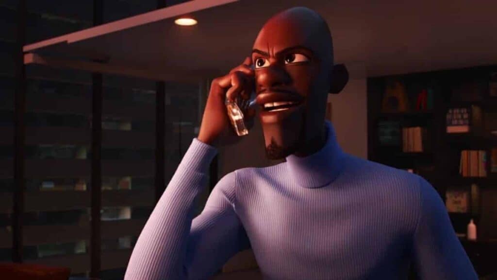 Un homme animé en 3D portant un col roulé bleu passe un appel téléphonique, semblant inquiet. Il se trouve dans une pièce sombre avec une grande fenêtre montrant les lumières de la ville. Le style d'animation rappelle