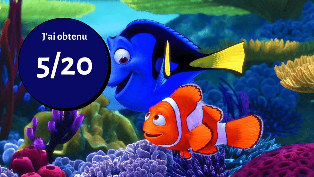 Dory et Nemo, personnages de poissons animés et colorés du film Pixar « Le Monde de Nemo », nagent près des récifs coralliens aux couleurs vives. Une bulle indique "J'ai obtenu 5/20" dans