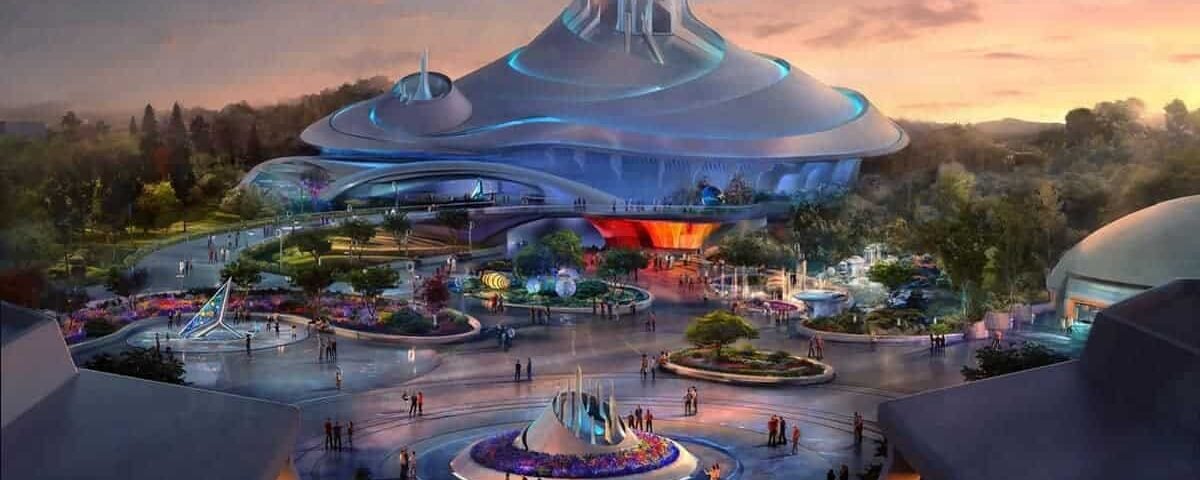 Art conceptuel d'un bâtiment futuriste conçu comme une attraction majeure au sein d'un parc à thème, ressemblant à Space Mountain, présentant un design élégant avec des courbes fluides et organiques, un éclairage vibrant et entouré d'une verdure luxuriante et