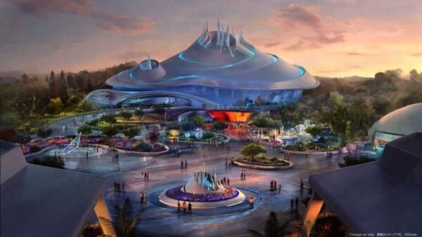 Art conceptuel d'un bâtiment futuriste conçu comme une attraction majeure au sein d'un parc à thème, ressemblant à Space Mountain, présentant un design élégant avec des courbes fluides et organiques, un éclairage vibrant et entouré d'une verdure luxuriante et