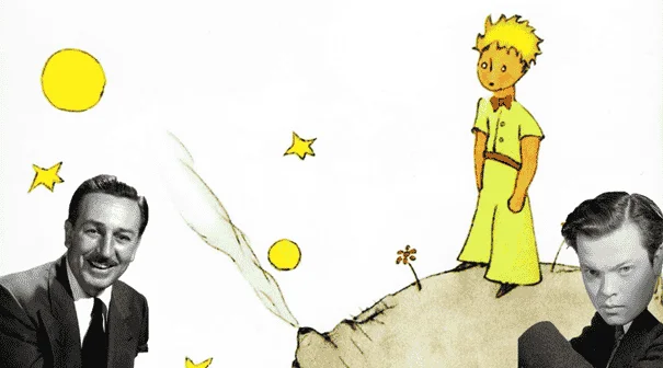 Illustration représentant deux hommes, l'un souriant et l'autre sérieux, avec un garçon stylisé ressemblant au Petit Prince aux cheveux blonds et à la tenue jaune debout sur une colline sous les étoiles. Design coloré et fantaisiste