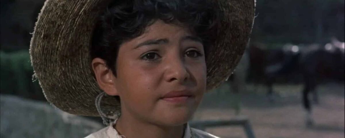 Un jeune garçon portant un grand chapeau de paille regarde pensivement la caméra, avec des drapeaux colorés et des chevaux en arrière-plan. Il a les cheveux bouclés et porte une chemise blanche usée inspirée de "La Revanche".