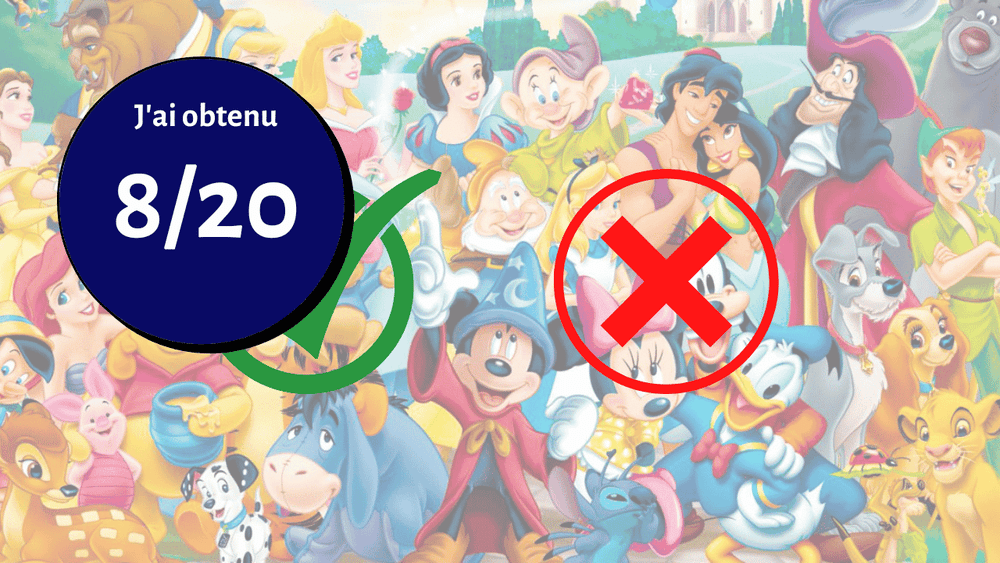 Collage de divers personnages Disney animés avec une grande superposition graphique affichant une note de 8/20, marquée par un "vrai" vert dans un cercle bleu et un "faux" rouge.