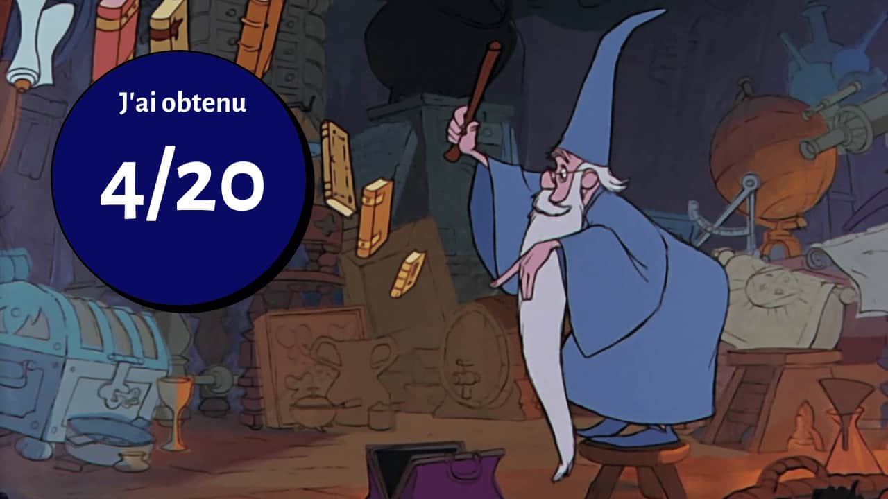 Une image de bande dessinée de Merlin l'Enchanteur dans une salle de la tour, tenant une baguette, avec un grand cercle bleu affichant « 4/20 » et la phrase française « j'ai obtenu