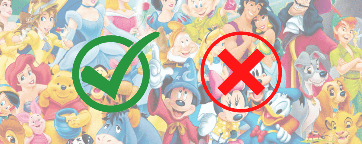 Un collage coloré représentant des personnages Disney avec une coche verte à gauche et une croix rouge à droite, symbolisant une comparaison ou un choix entre les options d'un quiz Disney.