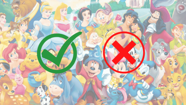Un collage coloré représentant des personnages Disney avec une coche verte à gauche et une croix rouge à droite, symbolisant une comparaison ou un choix entre les options d'un quiz Disney.