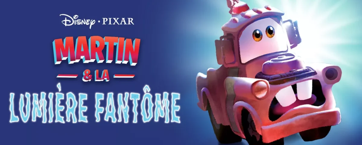 Image promotionnelle pour "Martin et la Lumière Fantôme" de Disney Pixar mettant en vedette le personnage de Mater, représenté avec enthousiasme avec des yeux expressifs et mis en valeur par une lumière vive de derrière.