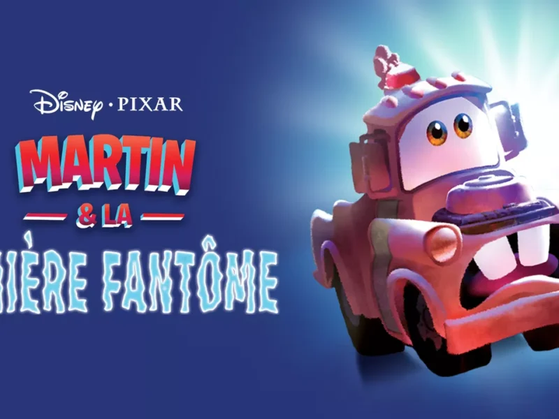 Image promotionnelle pour "Martin et la Lumière Fantôme" de Disney Pixar mettant en vedette le personnage de Mater, représenté avec enthousiasme avec des yeux expressifs et mis en valeur par une lumière vive de derrière.