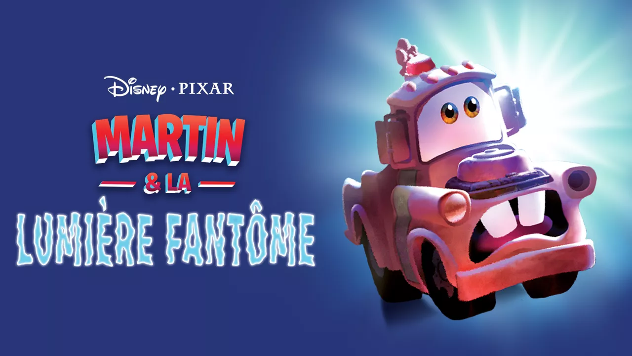 Image promotionnelle pour "Martin et la Lumière Fantôme" de Disney Pixar mettant en vedette le personnage de Mater, représenté avec enthousiasme avec des yeux expressifs et mis en valeur par une lumière vive de derrière.