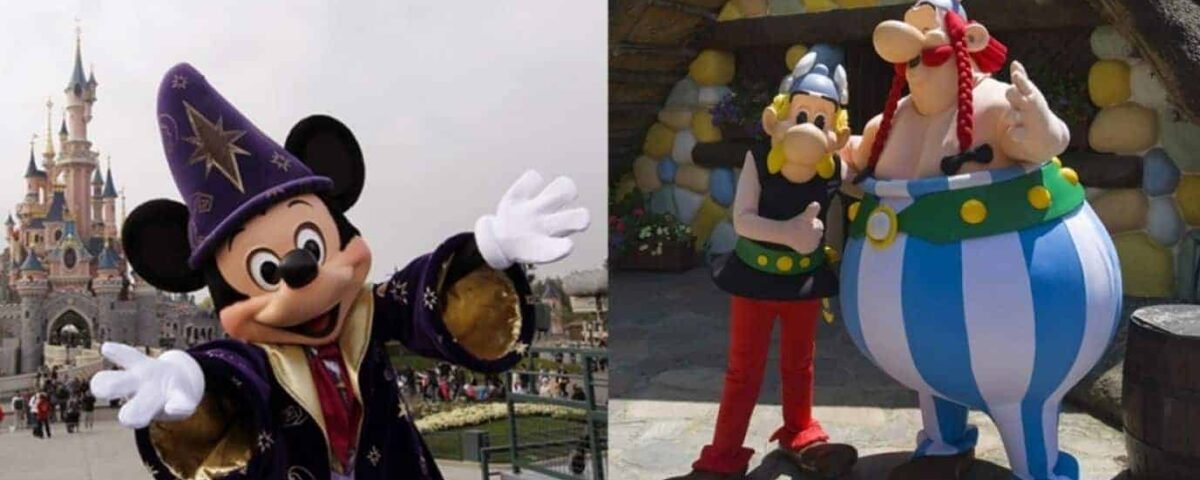 Mickey Mouse habillé en sorcier devant Disneyland Paris ; à droite, personnages animés Astérix et Obélix issus de la bande dessinée européenne, avec Obélix debout dans un grand pot bleu.