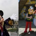 Mickey Mouse habillé en sorcier devant Disneyland Paris ; à droite, personnages animés Astérix et Obélix issus de la bande dessinée européenne, avec Obélix debout dans un grand pot bleu.