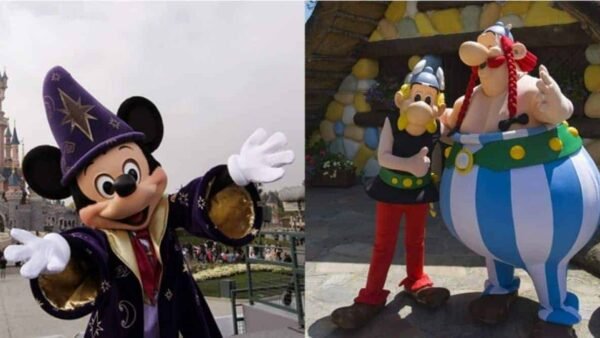 Mickey Mouse habillé en sorcier devant Disneyland Paris ; à droite, personnages animés Astérix et Obélix issus de la bande dessinée européenne, avec Obélix debout dans un grand pot bleu.
