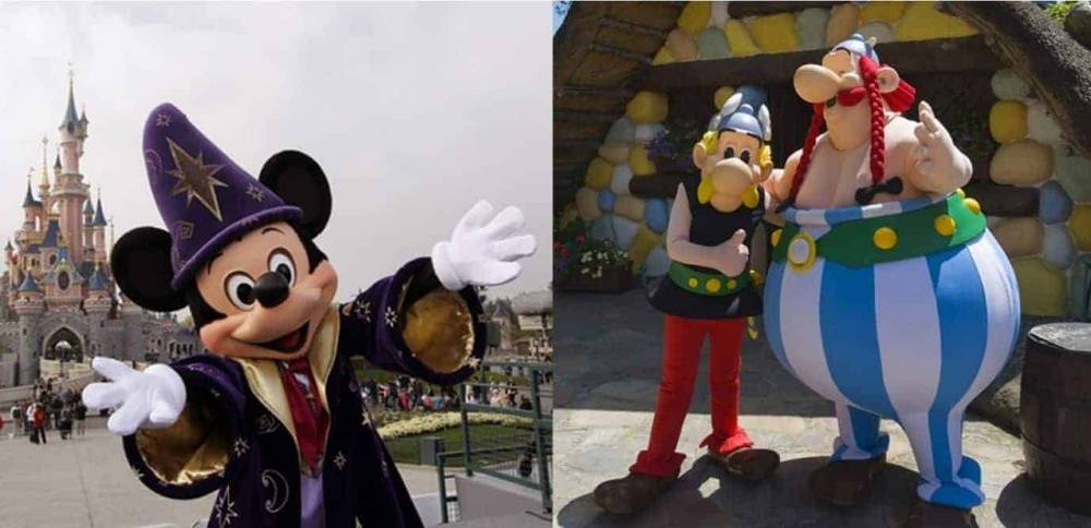 Mickey Mouse habillé en sorcier devant Disneyland Paris ; à droite, personnages animés Astérix et Obélix issus de la bande dessinée européenne, avec Obélix debout dans un grand pot bleu.