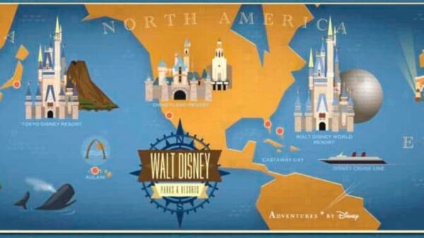 Carte illustrative présentant les parcs à thème Disneyland du monde entier avec des monuments et attractions emblématiques en Asie, en Amérique du Nord et en Europe.
