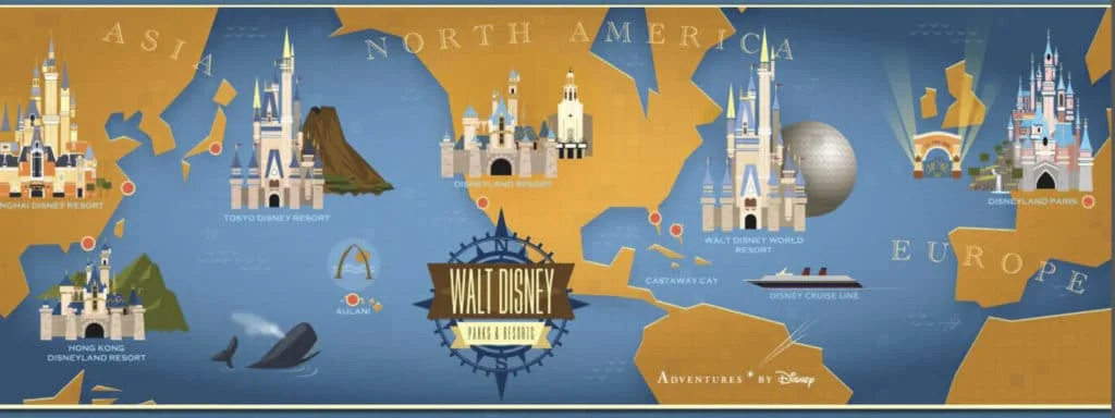 Carte illustrative présentant les parcs à thème Disneyland du monde entier avec des monuments et attractions emblématiques en Asie, en Amérique du Nord et en Europe.