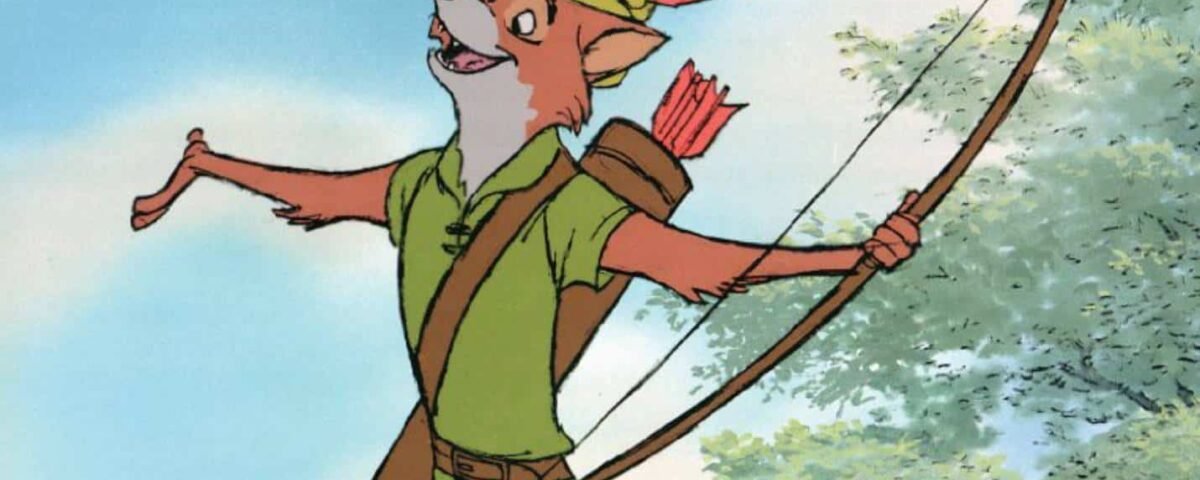 Un renard animé habillé en Robin des Bois, comprenant une tunique et un chapeau verts, tient un arc et des flèches, debout dans un décor forestier.
