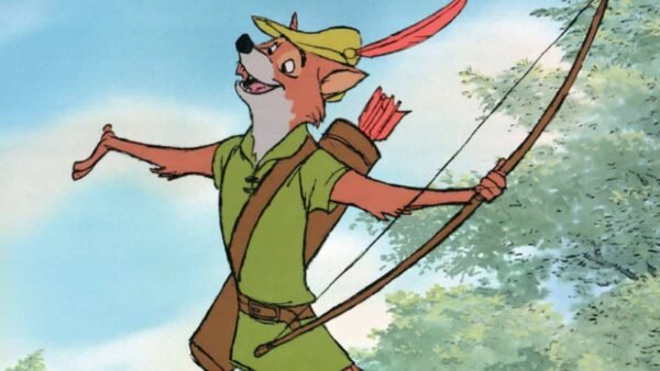 Un renard animé habillé en Robin des Bois, comprenant une tunique et un chapeau verts, tient un arc et des flèches, debout dans un décor forestier.