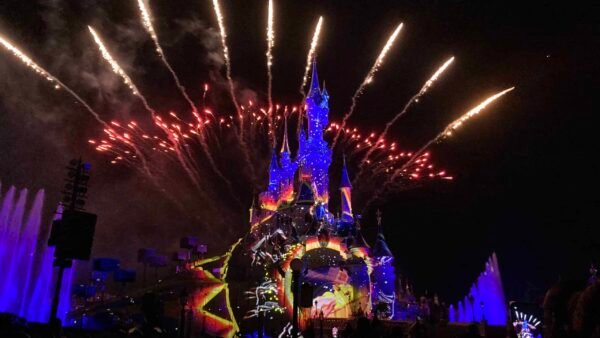 Un spectacle nocturne à Disneyland Paris mettant en vedette un château bien illuminé avec des feux d'artifice vibrants éclatant dans le ciel sombre au-dessus, tandis qu'une foule de spectateurs regarde avec admiration.