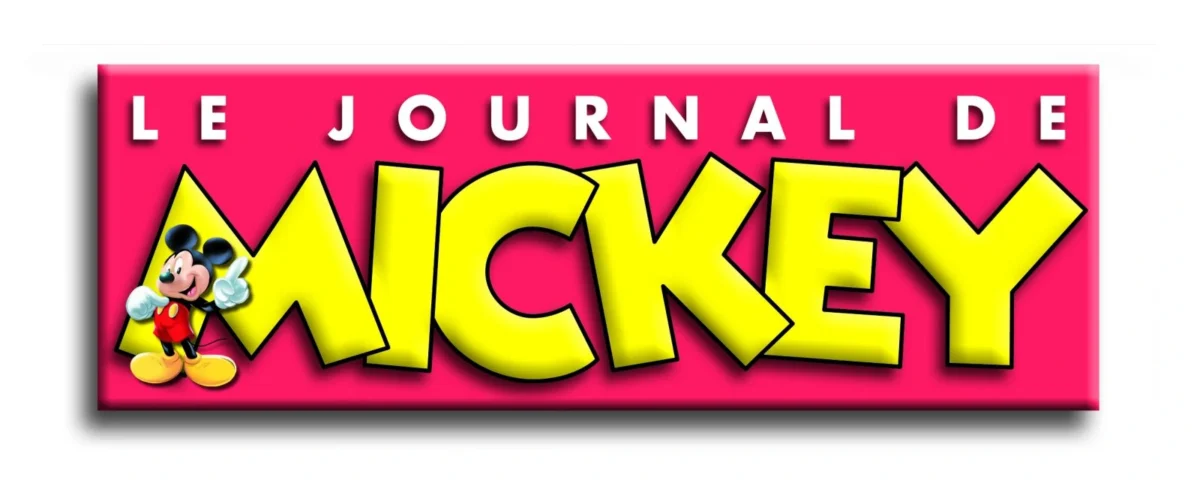L'image affiche un logo pour le "journal de mickey" représentant Mickey Mouse debout à côté d'un texte blanc et jaune en gras de style 3D sur un fond rouge vif.