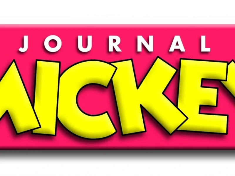 L'image affiche un logo pour le "journal de mickey" représentant Mickey Mouse debout à côté d'un texte blanc et jaune en gras de style 3D sur un fond rouge vif.