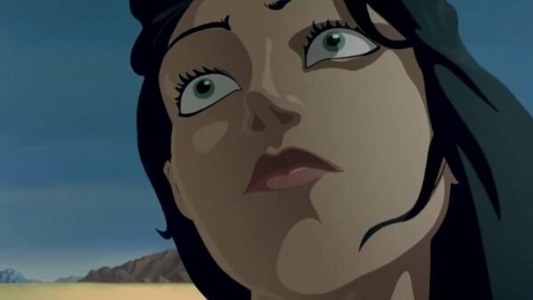 Un personnage féminin animé avec de grands yeux verts, des cheveux noirs et une peau pâle regarde vers le haut avec une expression inquiète, dans un paysage aride inspiré de Salvador Dalí.