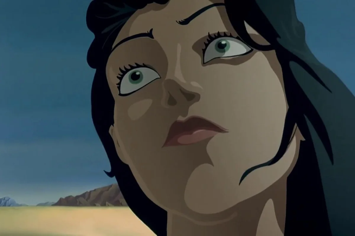 Un personnage féminin animé avec de grands yeux verts, des cheveux noirs et une peau pâle regarde vers le haut avec une expression inquiète, dans un paysage aride inspiré de Salvador Dalí.