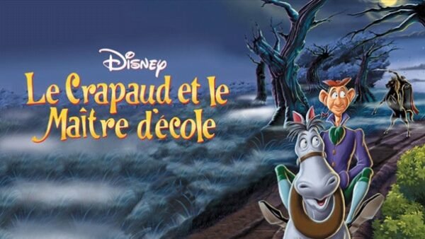 Image montrant une affiche promotionnelle pour "Le Crapaud et le Maître d'École" de Disney, mettant en vedette un personnage illustré en costume et un cheval sur un fond nocturne effrayant avec la tête