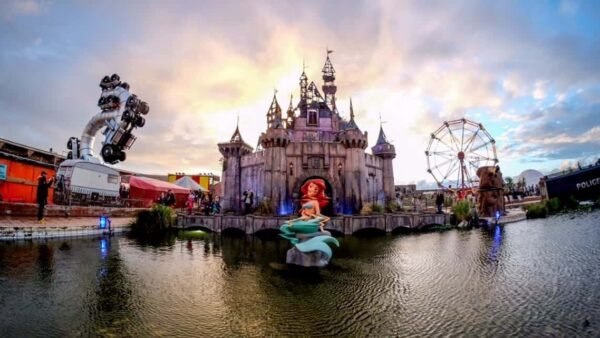 Une scène fantastique du parc à thème Disneyland mettant en vedette un grand château, une grande roue et un robot, avec une statue d'Ariel de La Petite Sirène au premier plan un étang réfléchissant sous un ciel dramatique