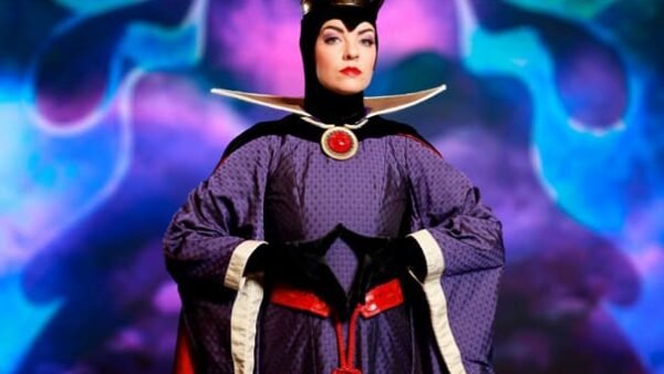 Une personne habillée en méchante reine de Blanche-Neige, portant une couronne sombre, une robe violette royale avec un haut col blanc et une ceinture rouge, sur un fond coloré.