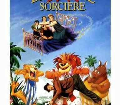 Affiche du film Disney "L'Apprentie Sorcière" montrant les personnages du film, dont une femme, deux enfants, un lion animé et un ours, assis et