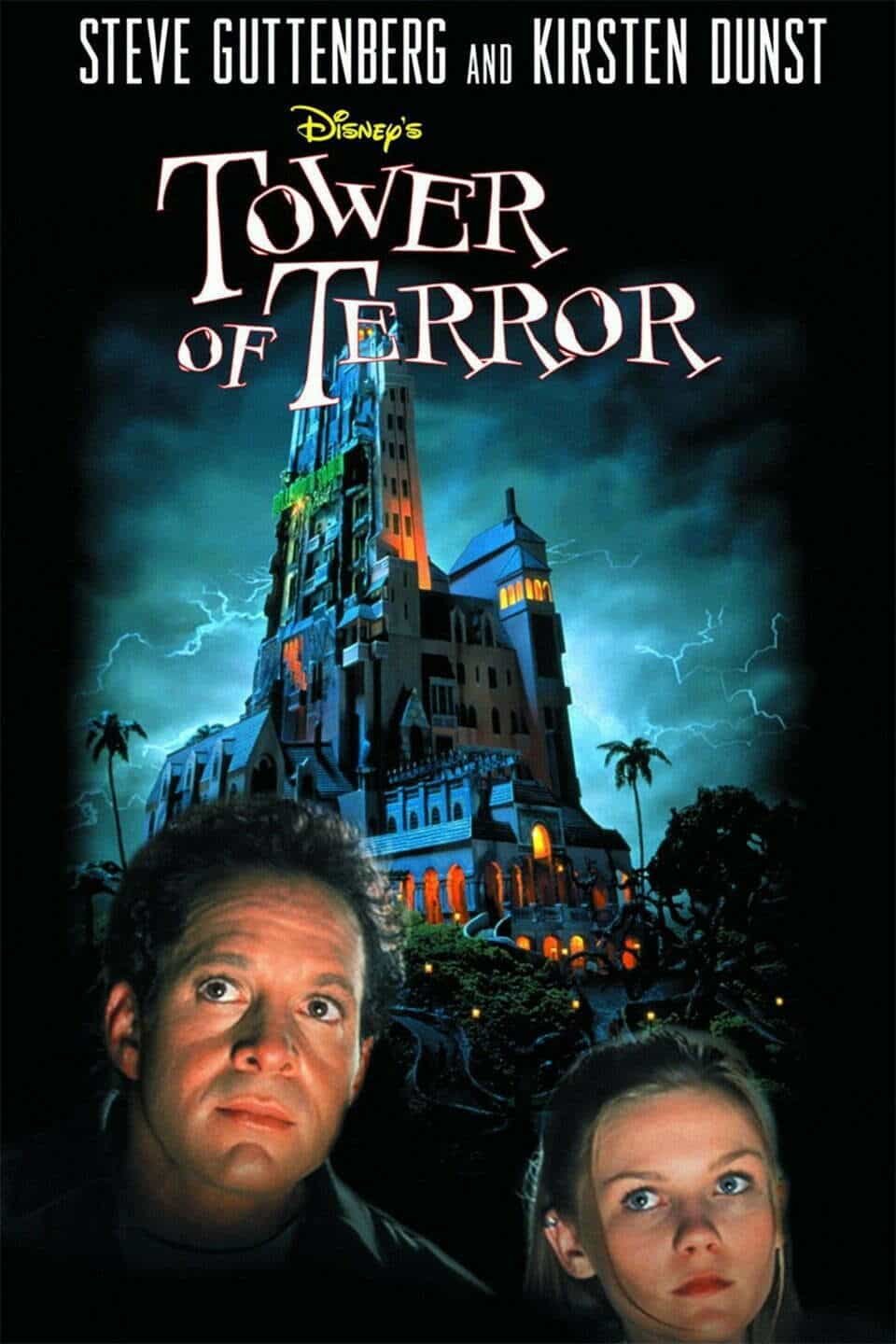 Affiche du film "La Tour de la Terreur" de Disney mettant en vedette Steve Guttenberg et Kirsten Dunst, avec un hôtel hanté et un ciel d'orage en arrière-plan.