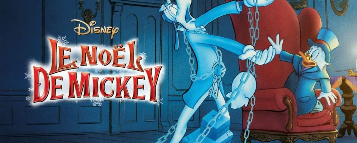 Illustration tirée du "Noël de Mickey" de Disney mettant en vedette Scrooge McDuck dans le rôle d'Ebenezer Scrooge, surpris par la figure fantomatique de Dingo enveloppé dans des chaînes,