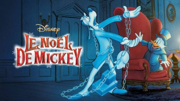 Illustration tirée du "Noël de Mickey" de Disney mettant en vedette Scrooge McDuck dans le rôle d'Ebenezer Scrooge, surpris par la figure fantomatique de Dingo enveloppé dans des chaînes,
