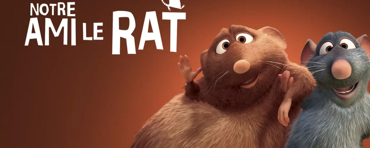 Image promotionnelle pour "Ratatouille" de Disney-Pixar mettant en vedette les personnages Rémy, un rat gris, et son frère Emile, un rat brun, sur fond orange avec
