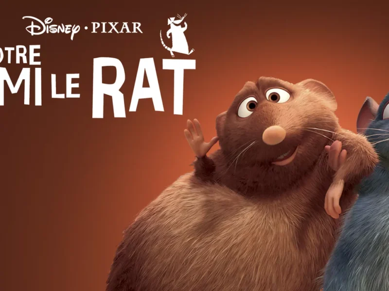 Image promotionnelle pour "Ratatouille" de Disney-Pixar mettant en vedette les personnages Rémy, un rat gris, et son frère Emile, un rat brun, sur fond orange avec