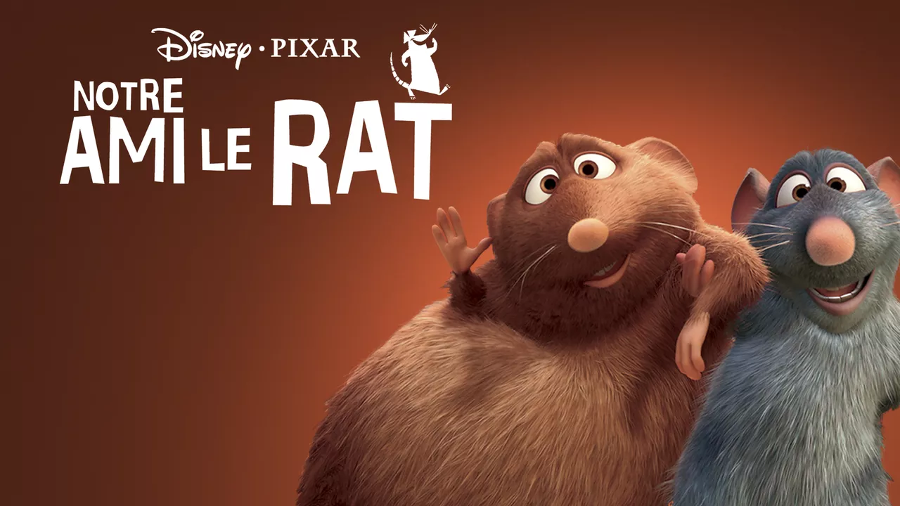 Image promotionnelle pour "Ratatouille" de Disney-Pixar mettant en vedette les personnages Rémy, un rat gris, et son frère Emile, un rat brun, sur fond orange avec
